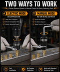 Heavy Duty Carbon Steel Head Rivet Nut Tool Kit With Seven Tough Mandrels Covering M3 Through M12 Sizes Drill Riveting Setup shows electric and manual modes.