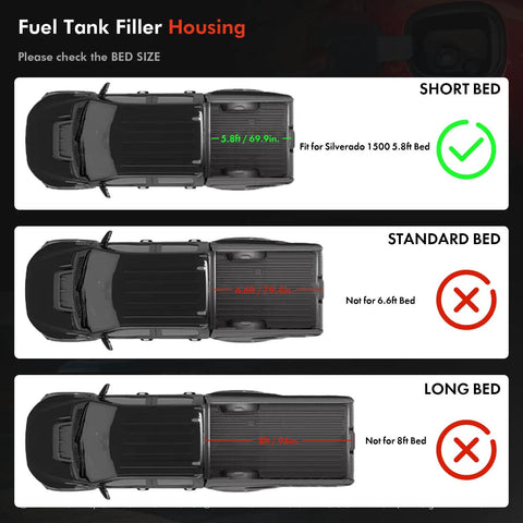 Diagram showing fitment for Chevy Silverado 1500 Fuel Tank Filler Pipe Housing With Gas Cap Fuel Door Pocket Assembly for short bed 5'8'' models.
