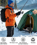 Fourteen Piece Ice Fishing Anchor Tool Kit With Drill Adapter next to a person fishing near a green tent on snowy terrain.