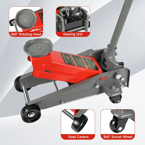 3 Ton Floor Jack With Fast Lift And Wheels, Heavy Duty Hydraulic Jack With Single Piston Pump, Steel Construction, Red