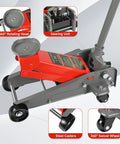 Heavy Duty 3 Ton Hydraulic Floor Jack Red 6600 Lbs Capacity showing 360° rotating head and steel casters for easy use.
