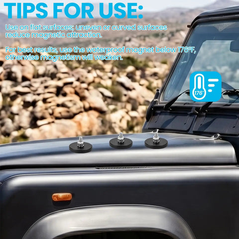All In One 30 Pack Rubber Coated Magnets With Quarter Inch Bolts Washers And Nuts 30 Lb Each on Jeep roof, 176°F note