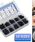 400Pcs Computer Screws And Standoffs Kit For Universal Motherboard HDD SSD Hard Drive Fan Power Supply Graphics Card And PC Case Mounts For DIY PC Build And Repair in a clear plastic box with 10 sections filled with screws.