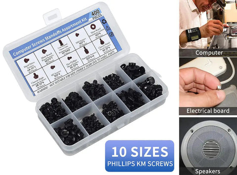 400Pcs Computer Screws And Standoffs Kit For Universal Motherboard HDD SSD Hard Drive Fan Power Supply Graphics Card And PC Case Mounts For DIY PC Build And Repair in a clear plastic box with 10 sections filled with screws.