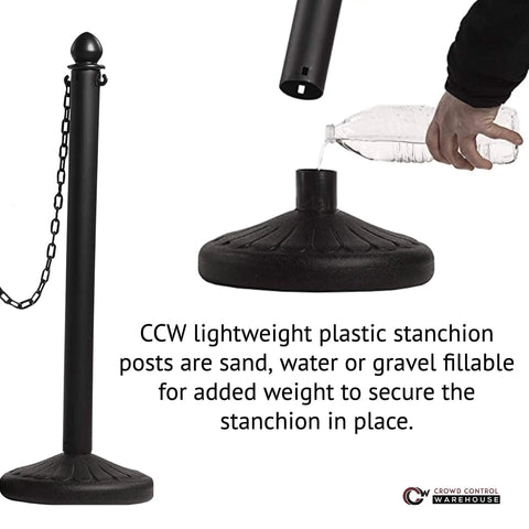 Black stanchion post with fillable base, demonstrating sand or water fill feature for stability in pop-up events and queues.