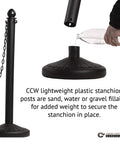 Yellow Plastic Stanchion Set With 2.5 Inch Diameter Posts, 40 Inch High, 50 Foot Chain, Six Pack Crowd Control Barriers with fillable base