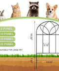 Diagram of sizing options for black arch metal fence panels with illustrations of small animals and panel dimensions.