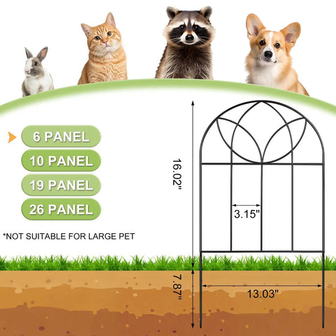 Diagram of sizing options for black arch metal fence panels with illustrations of small animals and panel dimensions.