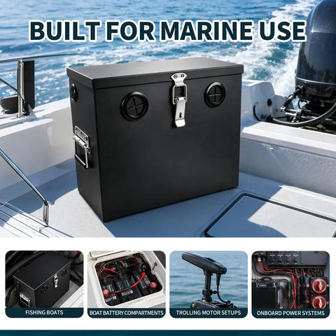 Built Tough Stainless Steel Battery Box For Group 24 And 27 Batteries Lockable 12V Power Relocation Kit on boat.
