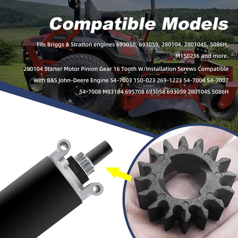 Starter Pinion Gear Replacement Kit For Lawn And Garden Small Engine Models 693058, 693059, 280104 depicted with lawn mower