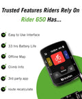 Rider 650 GPS Cycling Computer with 2.8 inch color touchscreen displaying maps and features, including 33 hour battery life.