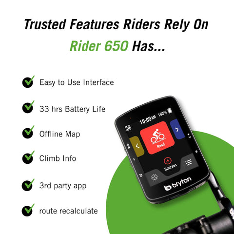 Rider 650 GPS Cycling Computer with 2.8 inch color touchscreen displaying maps and features, including 33 hour battery life.
