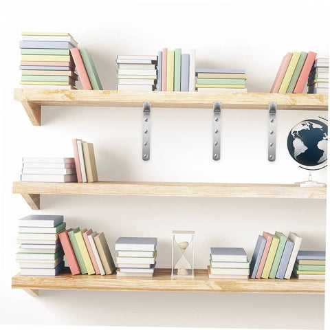 4 Pack Heavy Duty Right Angle Shelf Brackets Outside Corner Wall Mounts in silver supporting books on wooden shelves.