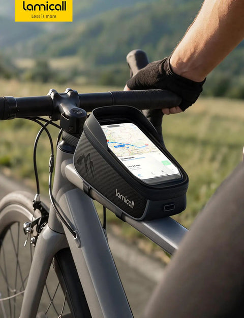 Cyclist using Waterproof Bike Frame Bag With 1.6L Capacity Front Phone Holder And Touchscreen Window Rain Cover Cycling Pouch For 7 Inch Phones Easy Access Bike Accessory For Commuting Or Trail Rides On The Go