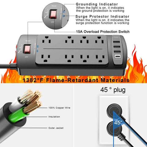 Heavy Duty 10 Foot Surge Protector Power Strip With 8 Outlets And 4 USB Ports 2700 Joules Flat Plug Overload Protection ETL Listed For Home Office Dorm College School Black with 15A switch