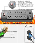 Rock Solid Flat Plug Surge Protector Power Strip With Eight AC Outlets And Four USB Charging Ports Including Type C Fast Charge 6 Foot Heavy Duty Extension Cord, showing indicators and plugs.