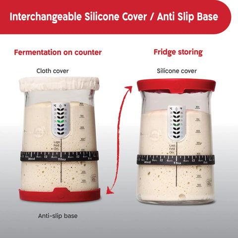 Comparison of 34 Oz Large Capacity Sourdough Starter Jar With Funnel Opening And Silicone Cover for counter vs fridge use