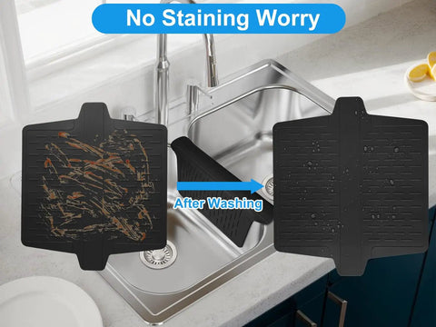 Ultra Soft Silicone Sink Mat Protector For Sink Dividers No Smell Never Stain No Fuss Dishware Friendly Scrub Ready Keeps Bowls Pans From Scratching The Sink Divider Silicone Shield 12.83 By 11.1 Inches showing before and after washing with sink