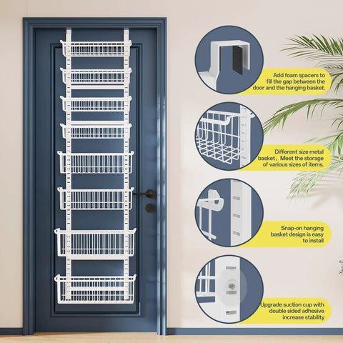 Over The Door Pantry Organizer Eight Tier With Adjustable Baskets Metal Hanging Spice Rack installed on a blue door