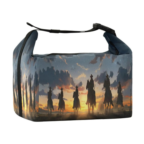 Cowboy Rides A Horse Across The Desert Insulated Lunch Bag with silhouetted cowboys at sunset, 9.4x6.7x9.8 inches