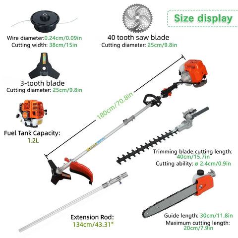Beast 5-In-1 Gas Powered Yard Tool With 52cc 2-Stroke Engine shown with attachments, size display, hedge trimmer, and saw blade details.