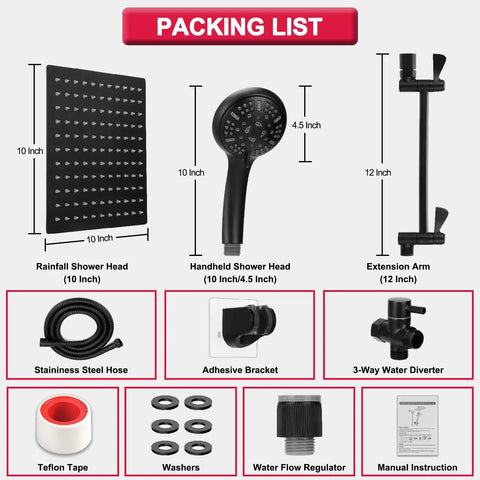 Image showing packaging list for 10 Inch High Pressure Rainfall Shower Head Kit With 11 Inch Adjustable Arm And 9-Setting Handheld