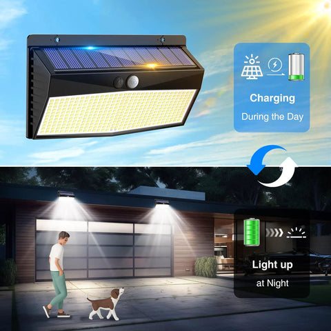 LED Solar Lights Outdoor Motion Sensor With 3 Lighting Modes, installed on garage wall, illuminating driveway and garden