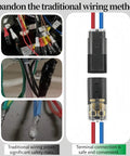 Push In Wire Connectors With Locking Buckle For 18 To 22 AWG Solid And Stranded Wires One Second Install Ideal For LED Strips Home And Automotive Wiring 10 Pack, showcasing two connected wires and an example of unsafe traditional wiring methods.