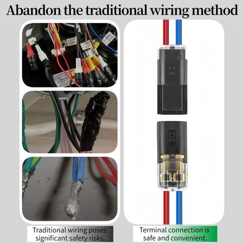 Push In Wire Connectors With Locking Buckle For 18 To 22 AWG Solid And Stranded Wires One Second Install Ideal For LED Strips Home And Automotive Wiring 10 Pack, showcasing two connected wires and an example of unsafe traditional wiring methods.