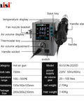 Image of 700W Hot Air Soldering Station For PCB Repair 110 220V Rework Station With Dual Digital Displays, labeled components.