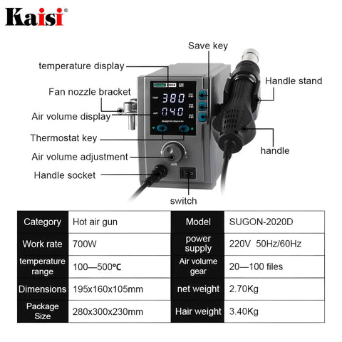 Image of 700W Hot Air Soldering Station For PCB Repair 110 220V Rework Station With Dual Digital Displays, labeled components.