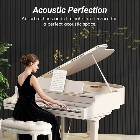 Woman playing piano next to Large Self Adhesive Acoustic Panels for Home Studio and Office, 8 Pack 47.2 By 23.6 By 0.35 Inch Black