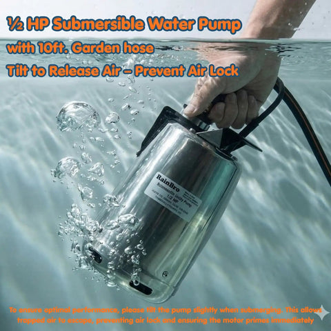 Person submerging Beast Mode Submersible Sump Pump With One Half HP Motor Delivers Up To 2300 GPH For Quick Pool Drains And Flood Cleanup