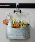 Metal bucket with garden tools hanging on FastTrack Wall Mounted Utility Hook for Rope Hose and Tools Garage Storage With Soft Grip Coating