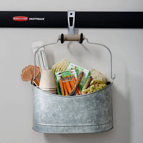 Metal bucket with garden tools hanging on FastTrack Wall Mounted Utility Hook for Rope Hose and Tools Garage Storage With Soft Grip Coating