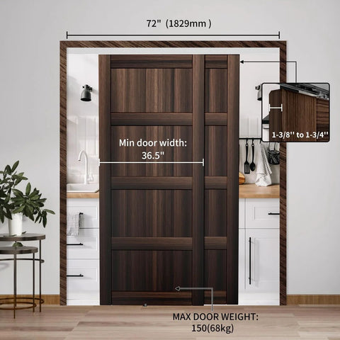 Heavy Duty Bypass Sliding Closet Door Track Hardware Set With Aluminum Pocket Rail 72 Inch Long 6 Feet For Two Door System