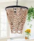 Farmhouse Boho Beaded Chandelier For Dining Room And Living Spaces, Dope Wood Bead Ceiling Light With Circular Metal Frame