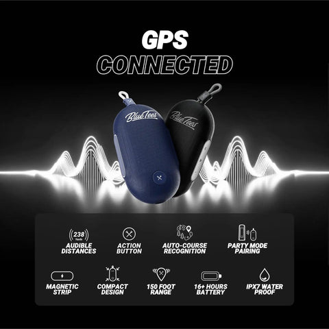Player Go Golf GPS Speaker With AI Power featured with IPX7 waterproof, magnetic strip, auto course recognition, in black and blue.