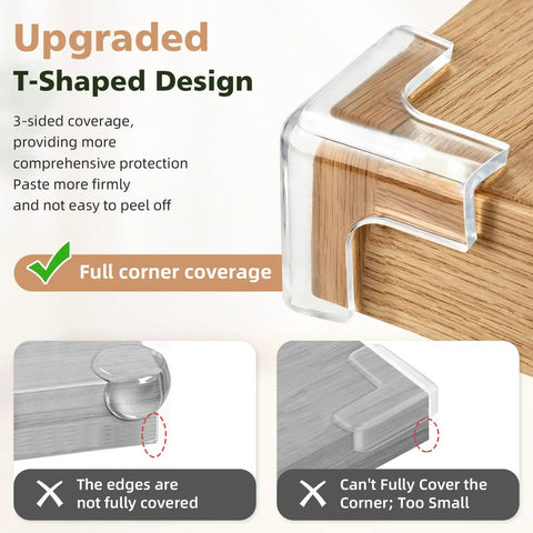 Tough As Nails Table Corner Guards 8 Pack giant T shaped corner protector on wooden furniture corner for baby safety.