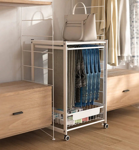Heavy Duty Steel Rolling Pants Hanger Cart For Compact Closets Featuring Smooth Glide Rails That Pull Out Jeans Straight Up Hassle Free With Locking Casters And Built In Drawer Storage For Everyday Organization