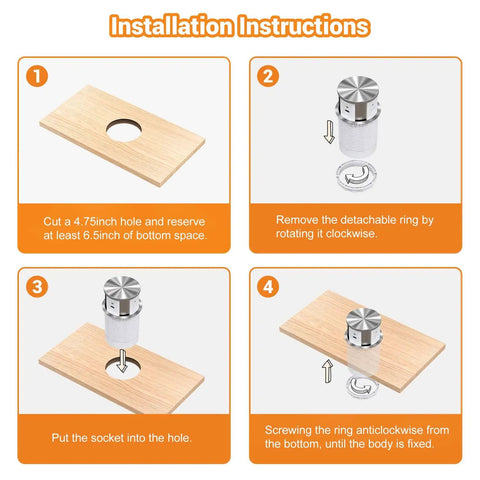Installation instructions for Dope Pop Up Countertop Outlet With Auto Retractable Design Three AC Outlets Plus USB A And USB C Ports Handy Retractable Power Strip For Kitchen Island Or Office Desk 6 Foot Cord 125V 15A White