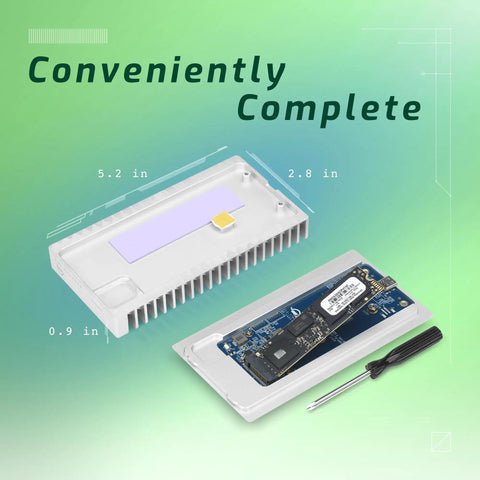 Express 1M2 Portable NVMe SSD Enclosure With USB4 Thunderbolt Compatible USB C Aluminum Heat Sink Lightning Fast External Drive Real World Speeds Up To 3836 MBps Enclosure Only Today, showing dimensions and assembly tools.