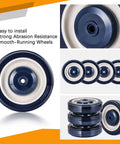 Twenty Pack Heavy Duty Shopping Cart Replacement Wheels And Silent Polyurethane Casters With Mounting Bolts Non Marking Beast Mode Build. Close-up of smooth-running blue and white polyurethane wheels.