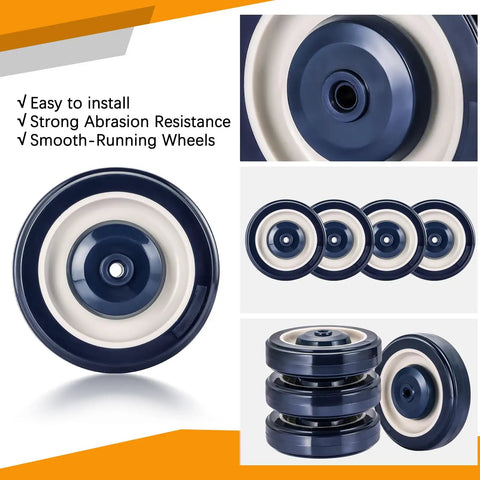 Twenty Pack Heavy Duty Shopping Cart Replacement Wheels And Silent Polyurethane Casters With Mounting Bolts Non Marking Beast Mode Build. Close-up of smooth-running blue and white polyurethane wheels.