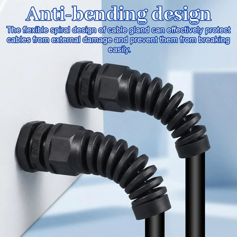 4 Pack NPT One Half Inch Waterproof Cable Glands For Six To Twelve Millimeter Cables, Adjustable Strain Relief Bushing, Nylon Body, Keeps Your Wiring Dry, Sealed And Protected Anywhere. Anti-bending spiral design on black cable gland