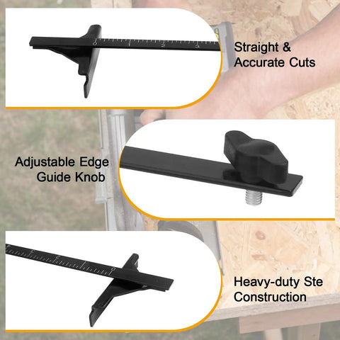 Pro Grade Edge Rip Guide For Circular Saw With Low Friction Tracks And Twist Lock Knobs, showing adjustable knob for precise cutting.