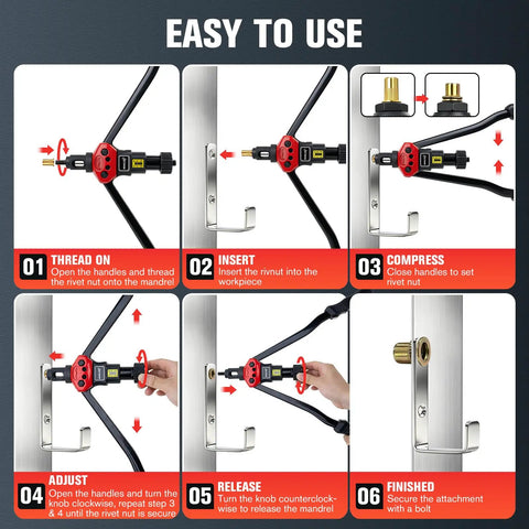 16 Inch Rivet Nut Gun Kit With 15 SAE And Metric Mandrel Sizes step-by-step usage guide
