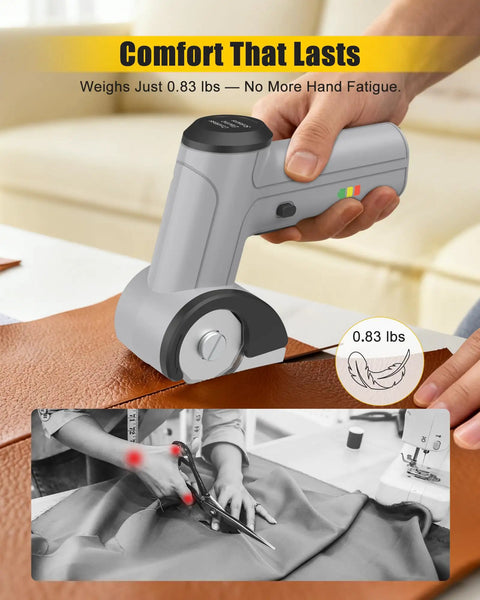 Selumie 2026 New Cordless Electric Scissors, 4V Rechargeable Cardboard Cutter, grey handheld tool on leather, weighs 0.83 lbs.