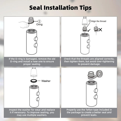 Seal installation tips for Heavy Duty Stainless Steel Kitchen Faucet Head Replacement with O-ring and washer guidance.