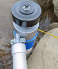 Close-up view of a 1000W Portable Micro Hydroelectric Generator with water turbine, showing bearing outlet and smooth impeller rotation.
